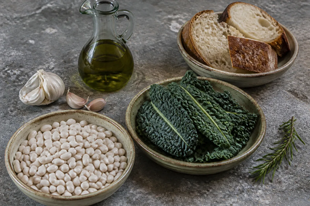 Bols de haricots blancs, chou noir et pain rassis disposés sur une table de ferme en pierre