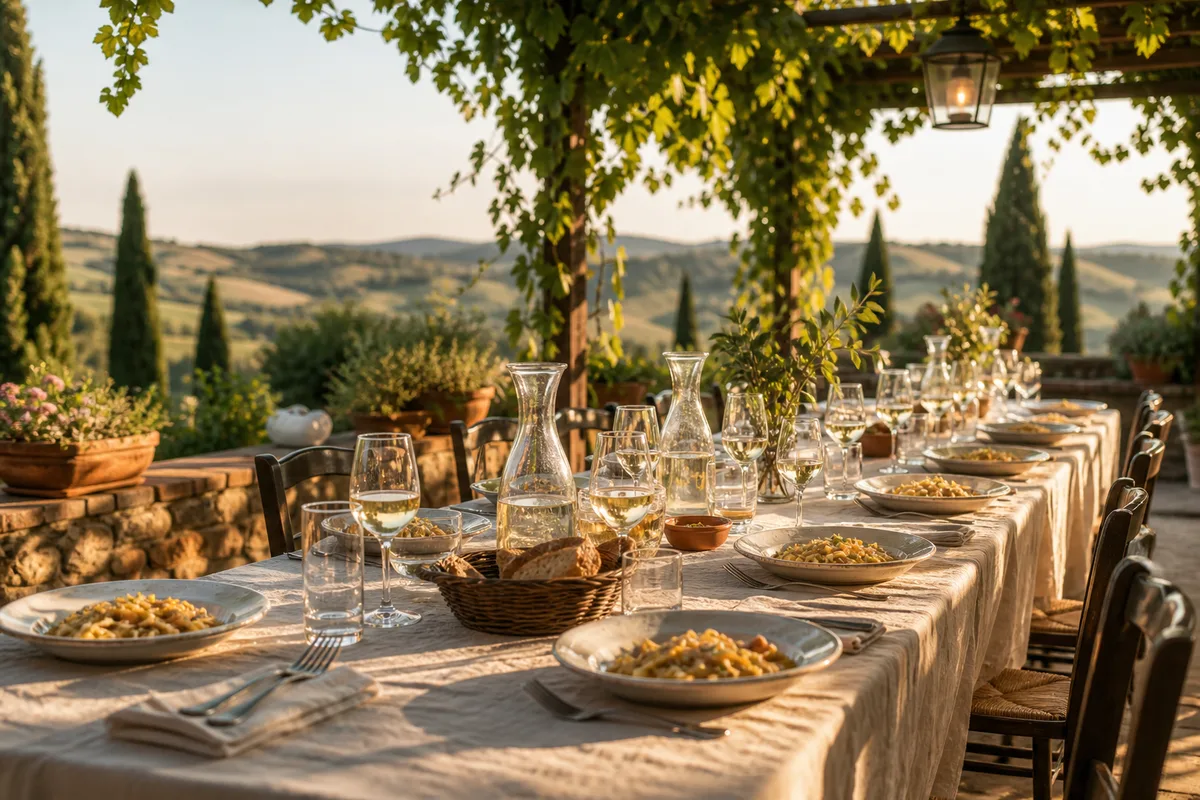 Table dressée sous une pergola de vigne dans la campagne toscane, assiettes de pâtes et carafes en verre