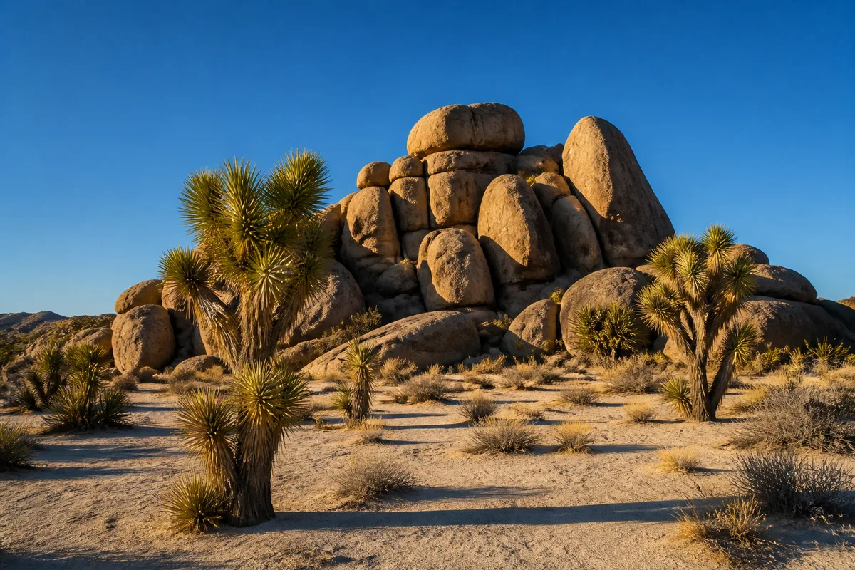Blocs de granite arrondis et yuccas au lever du soleil dans le désert de Joshua Tree