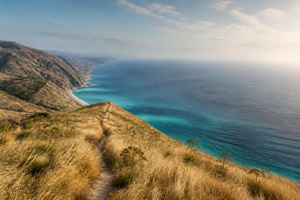 Falaise herbeuse d&rsquo;une île du Pacifique dominant une eau turquoise, sentier étroit en bord de crête