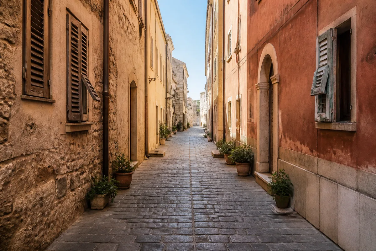 Ruelle pavée d&rsquo;un centre historique sarde sous un ciel d&rsquo;hiver dégagé
