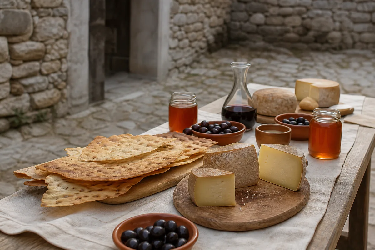 Table de produits sardes traditionnels dressée dans une cour de village en pierre